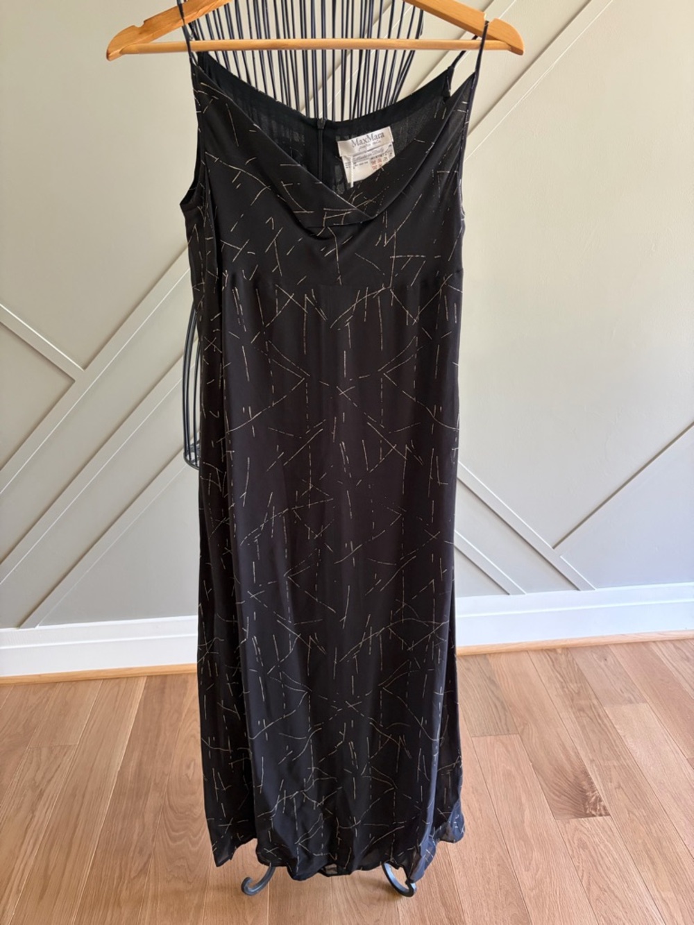 MaxMara Black Maxi Silk Dress featuring a delicate, white geometric pattern